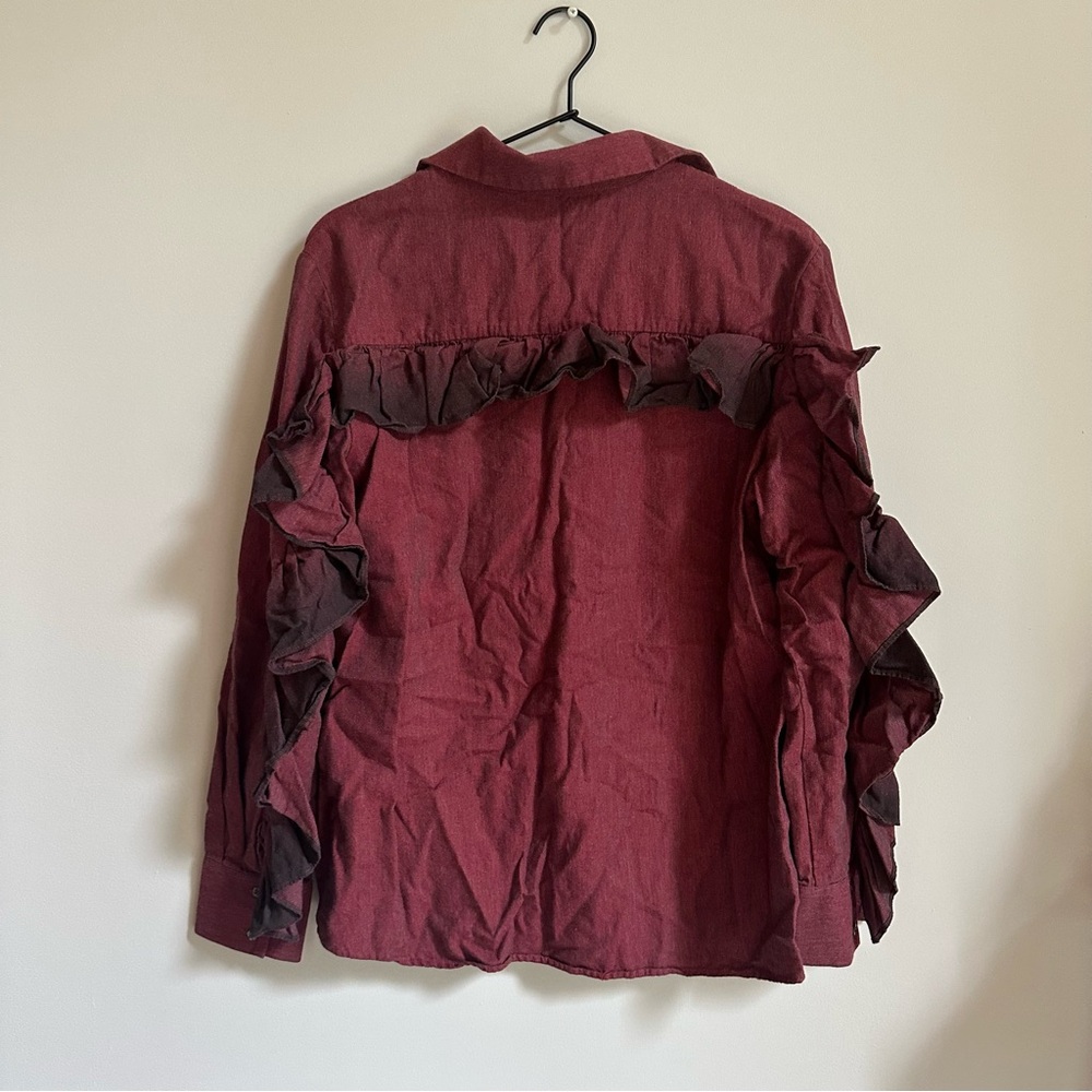 Aglini Dark Red Ruffle Button Down Shirt - Picture 4 of 8